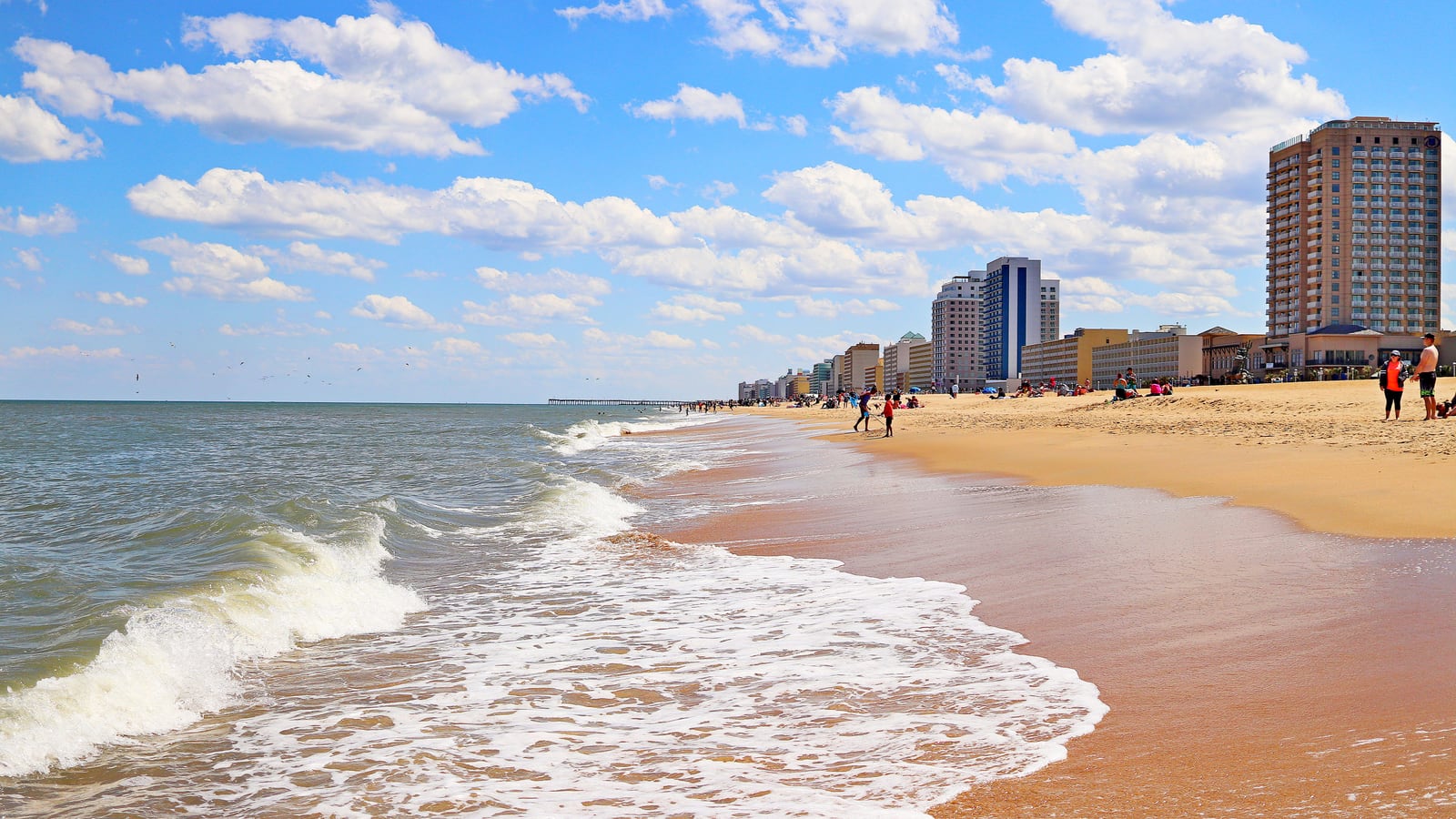 Surf and hotels along the Virginia Beach oceanfront, Virginia