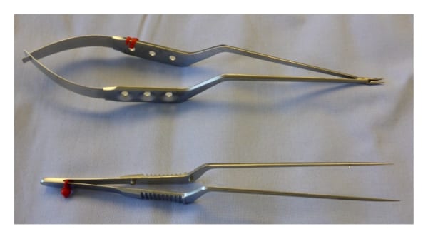 Bayonet microneedle holder and bayonet microforceps, fine microsurgical hand instruments used in spinal neurosurgery
