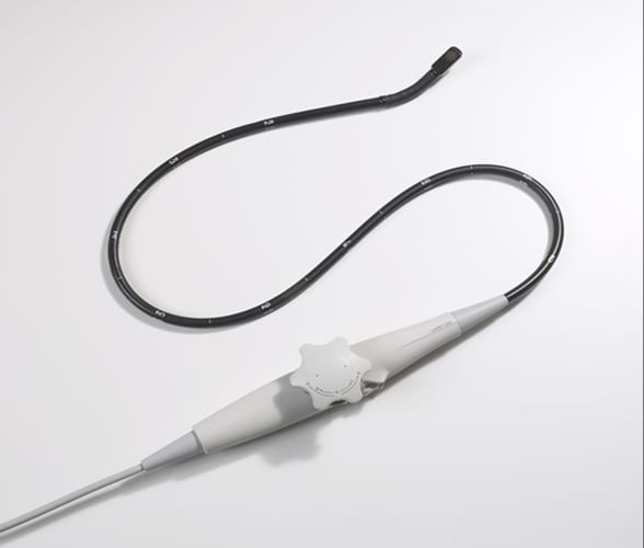 Transesophageal echocardiography (TEE) ultrasound probe with a coiled flexible shaft, control handle, and transducer tip