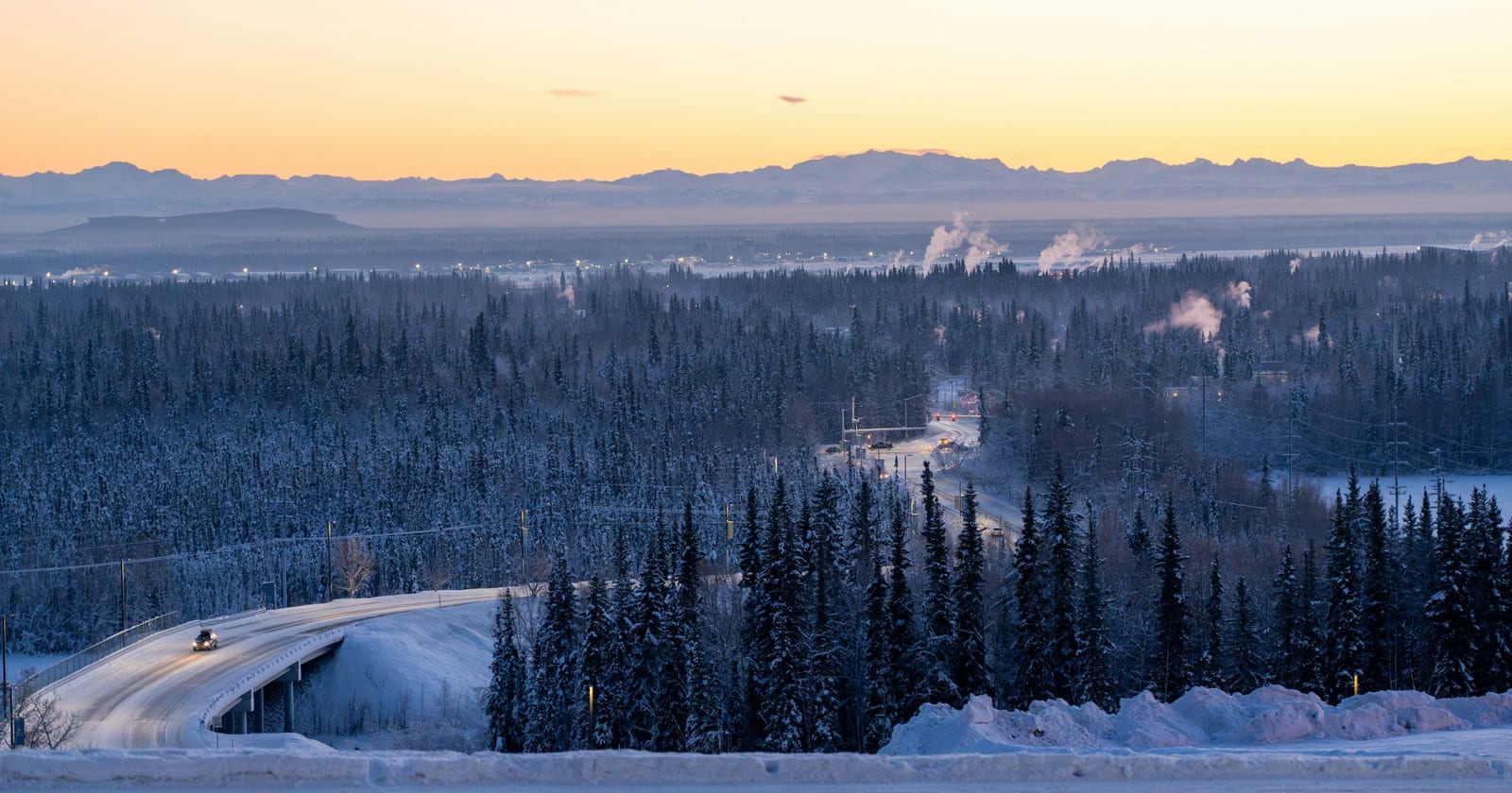 Snow-covered spruce forest across the Tanana Valley, Fairbanks, Alaska