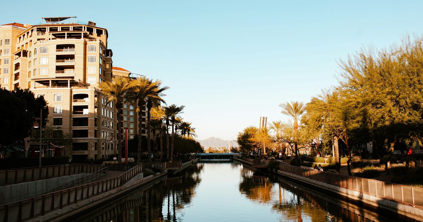 Palm-lined Arizona Canal through downtown Scottsdale, Arizona