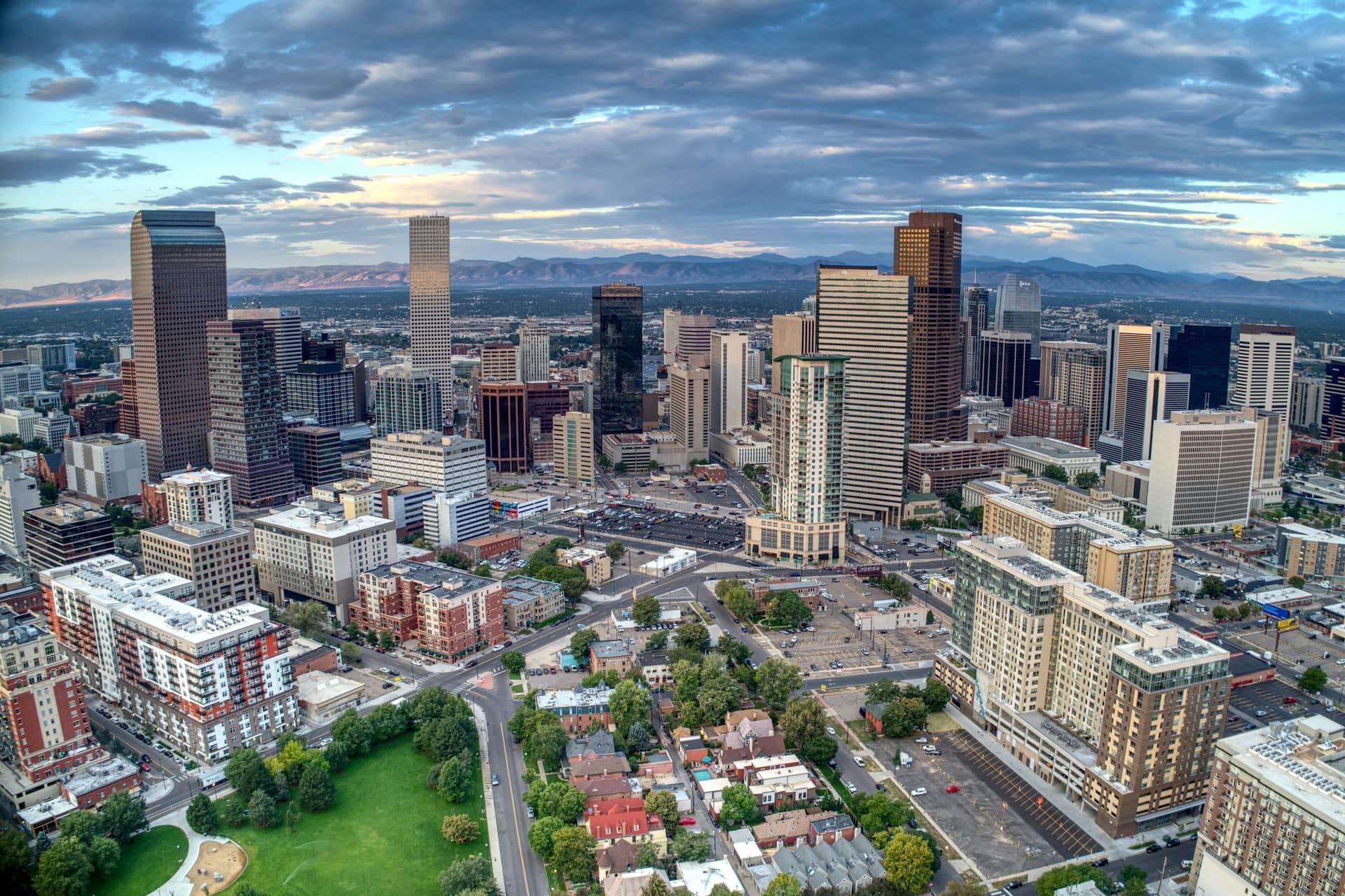 Aerial view of downtown Denver at daybreak with the Rocky Mountains beyond, Colorado