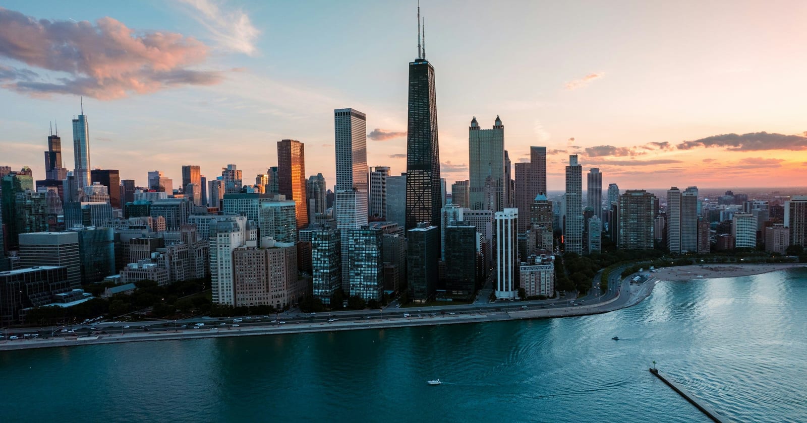 Aerial view of Chicago's lakefront skyline and 875 N. Michigan from Lake Michigan, Illinois