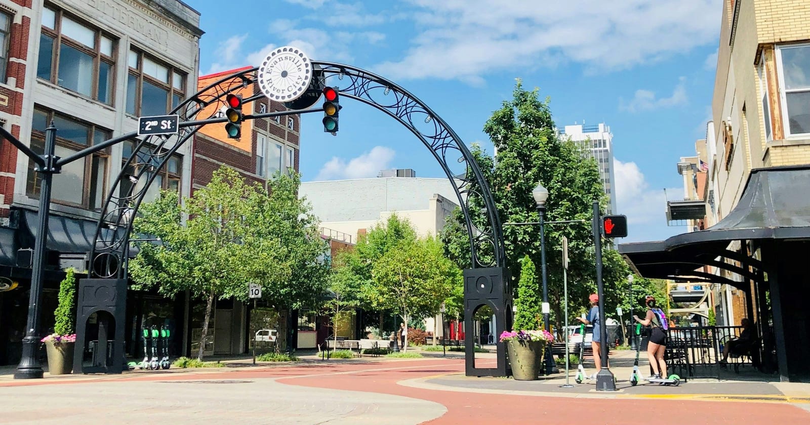 Decorative iron arch over Main Street in downtown Evansville, Indiana