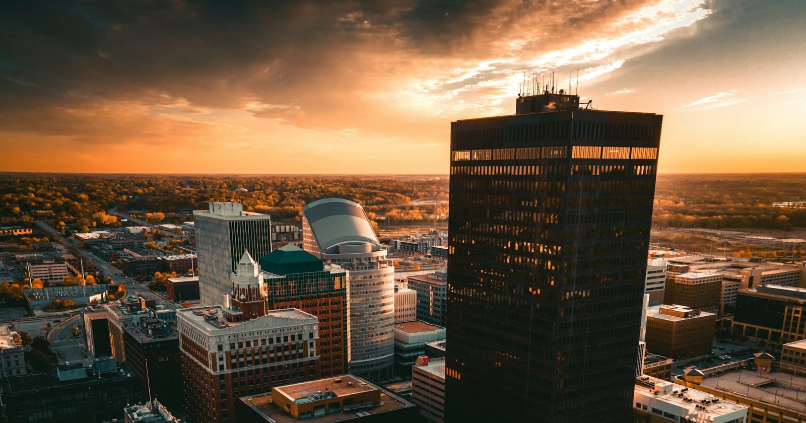 Aerial view of downtown Des Moines towers, Iowa