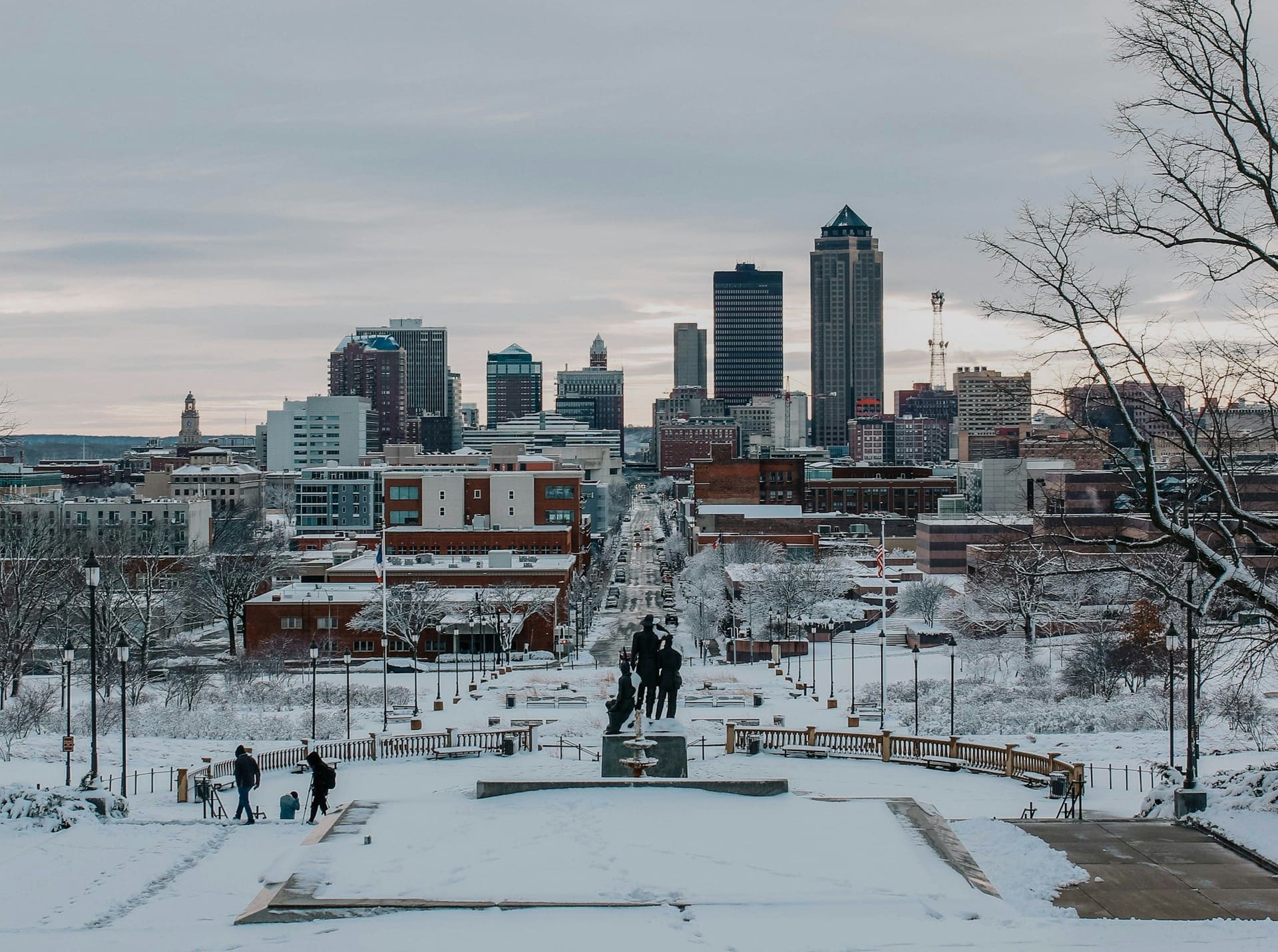 Downtown Des Moines in winter from the snowy State Capitol grounds, Iowa