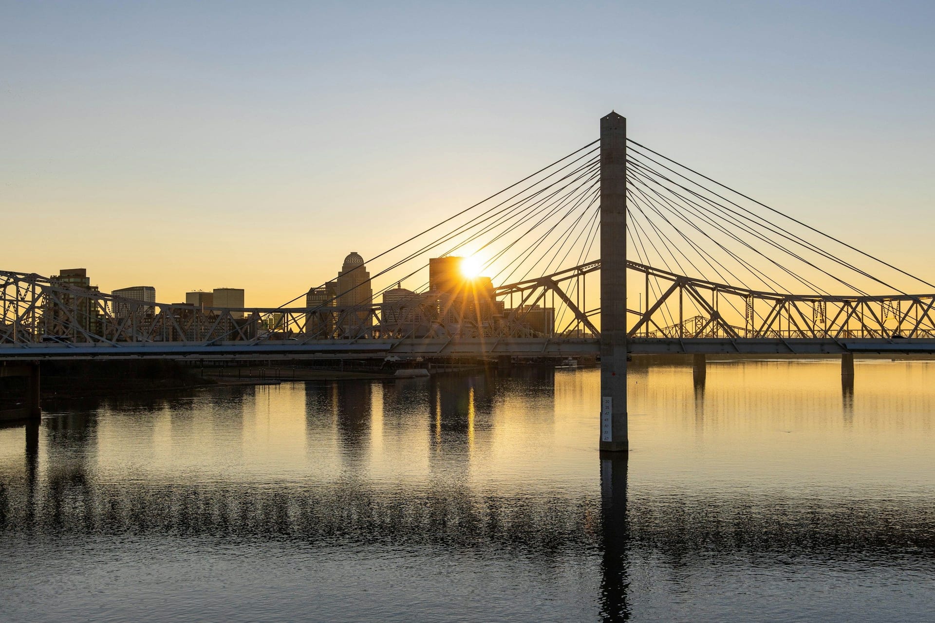 Sunset over downtown Louisville and the Ohio River bridges, Kentucky
