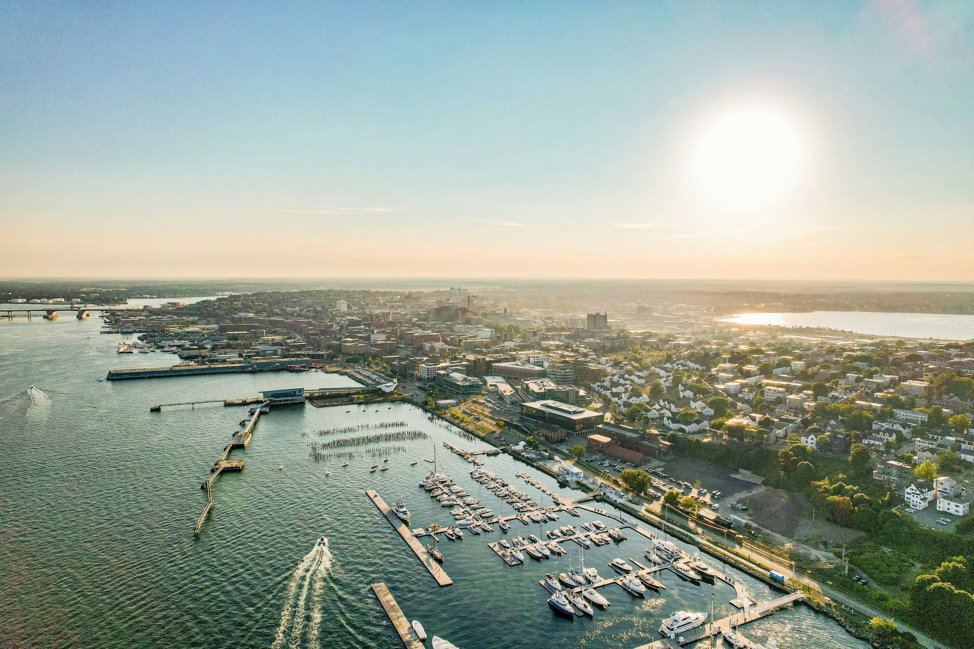 Aerial view of the Portland peninsula and waterfront at sunrise, Maine