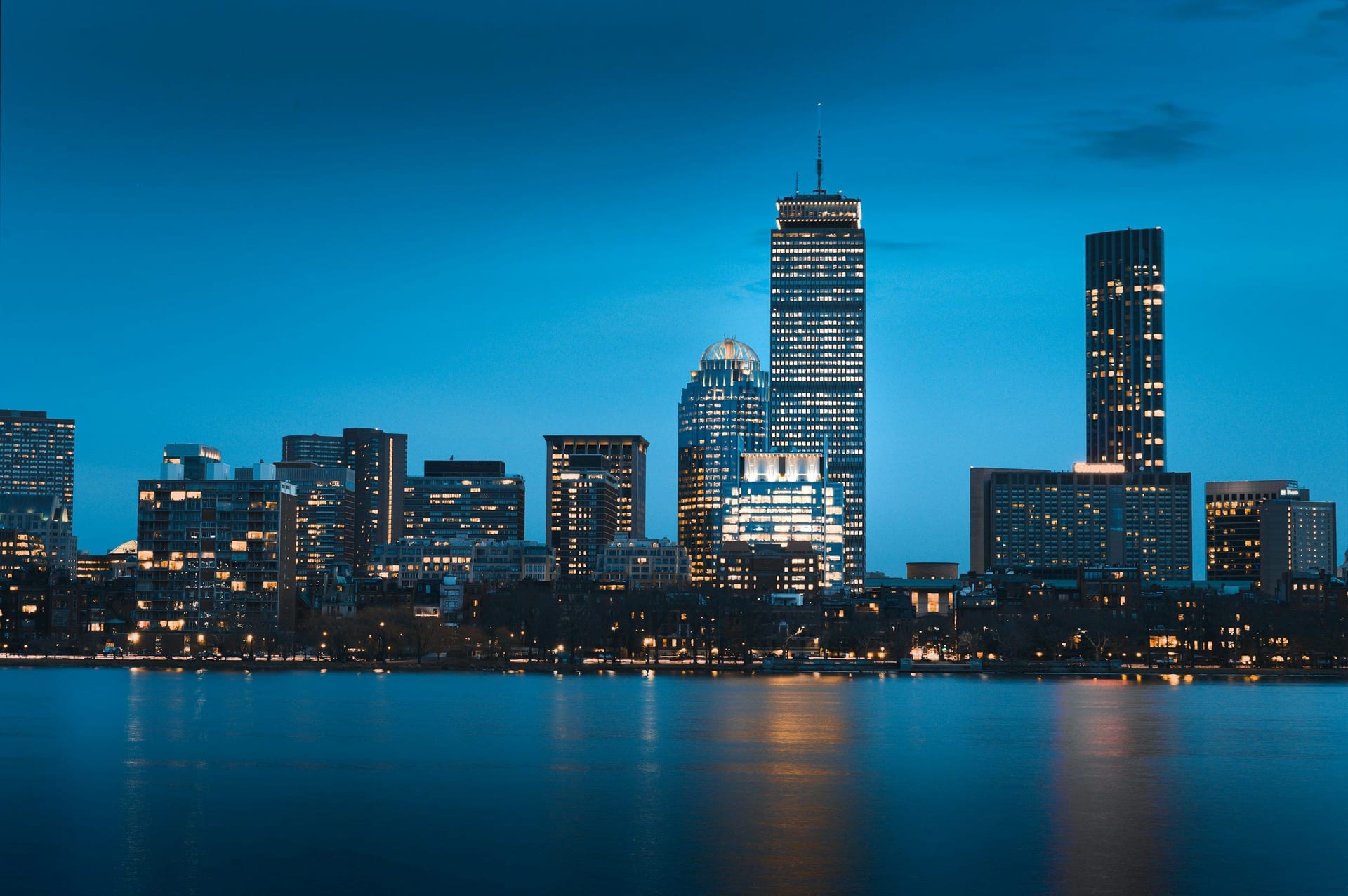 Boston's Back Bay skyline across the Charles River at dusk, Massachusetts
