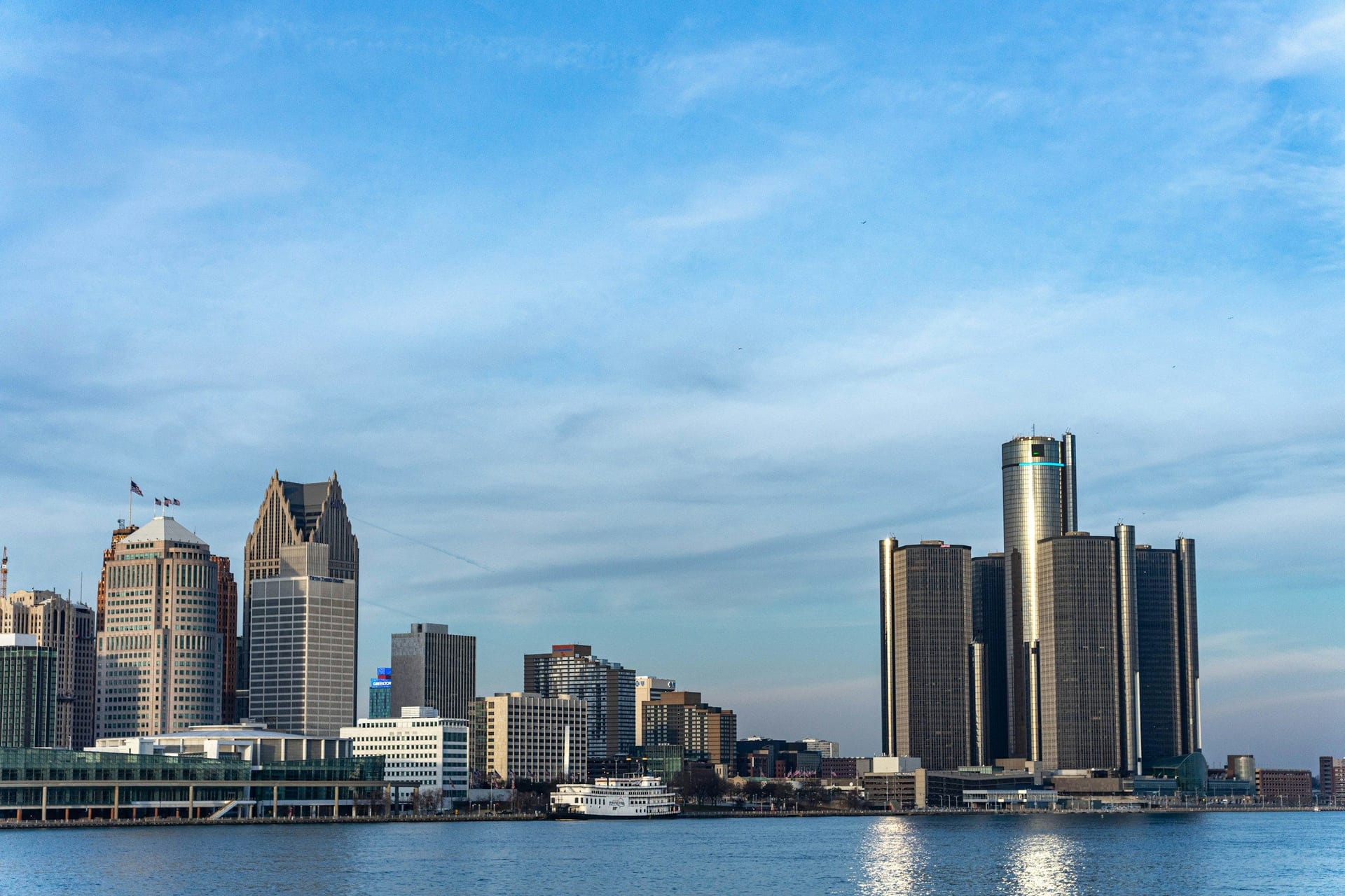 Detroit skyline and the Renaissance Center across the Detroit River, Michigan