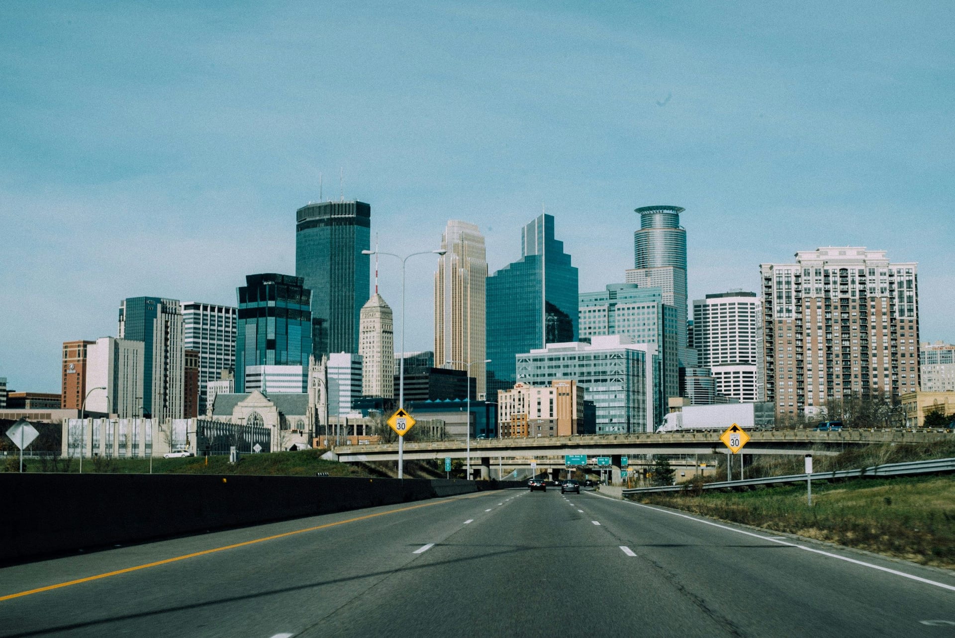 Downtown Minneapolis skyline from an approaching freeway, Minnesota