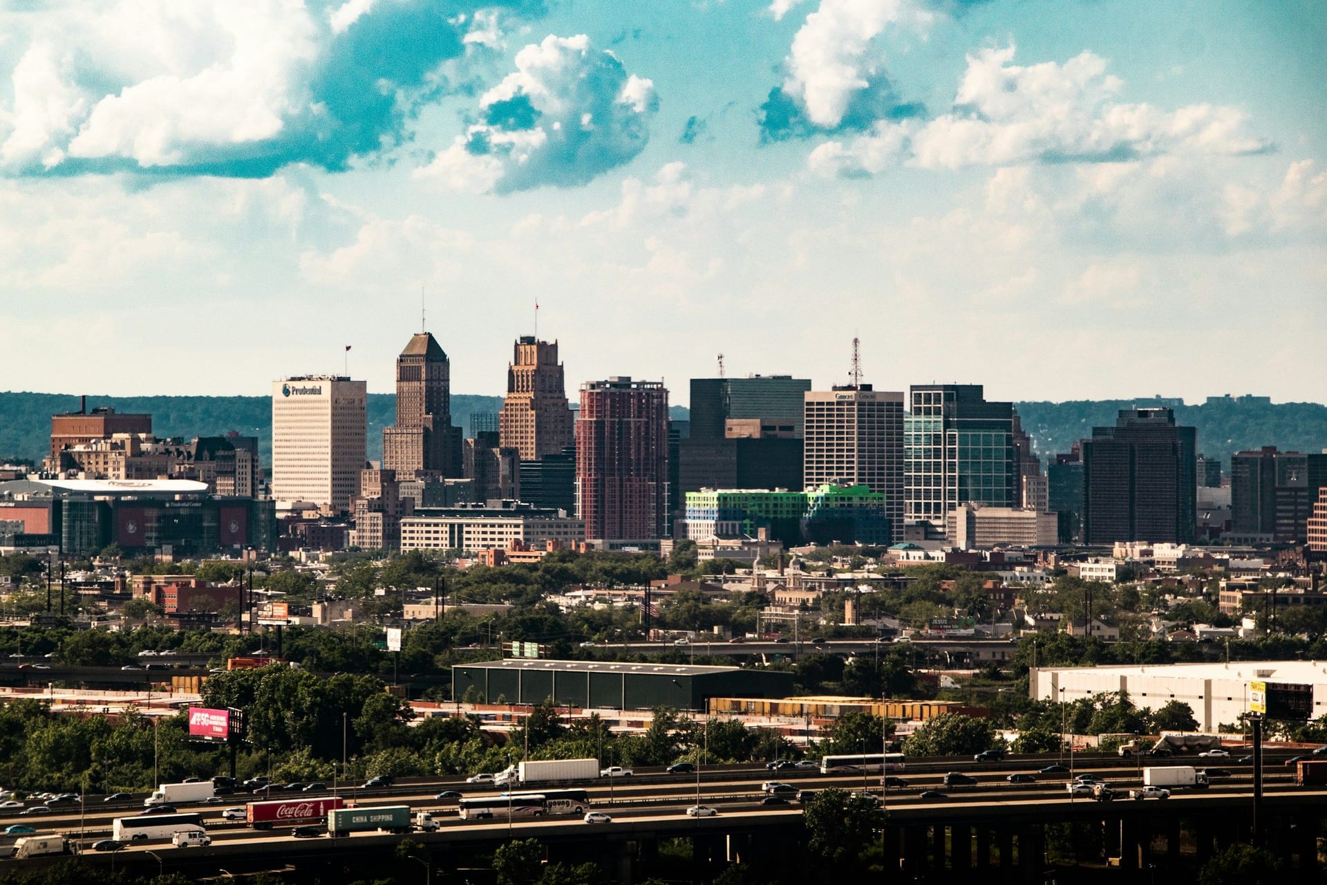 Downtown Newark skyline beyond an elevated highway, New Jersey