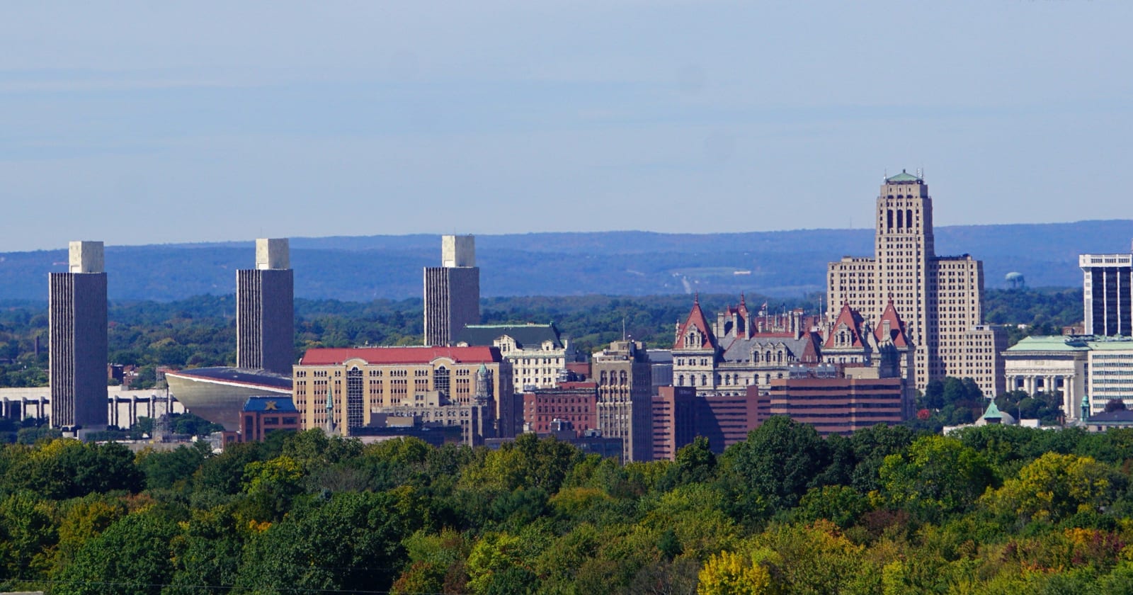 Albany skyline with the Empire State Plaza towers and the State Capitol, New York