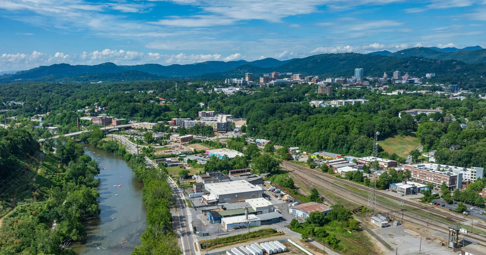 Aerial view up the French Broad River to downtown Asheville, North Carolina
