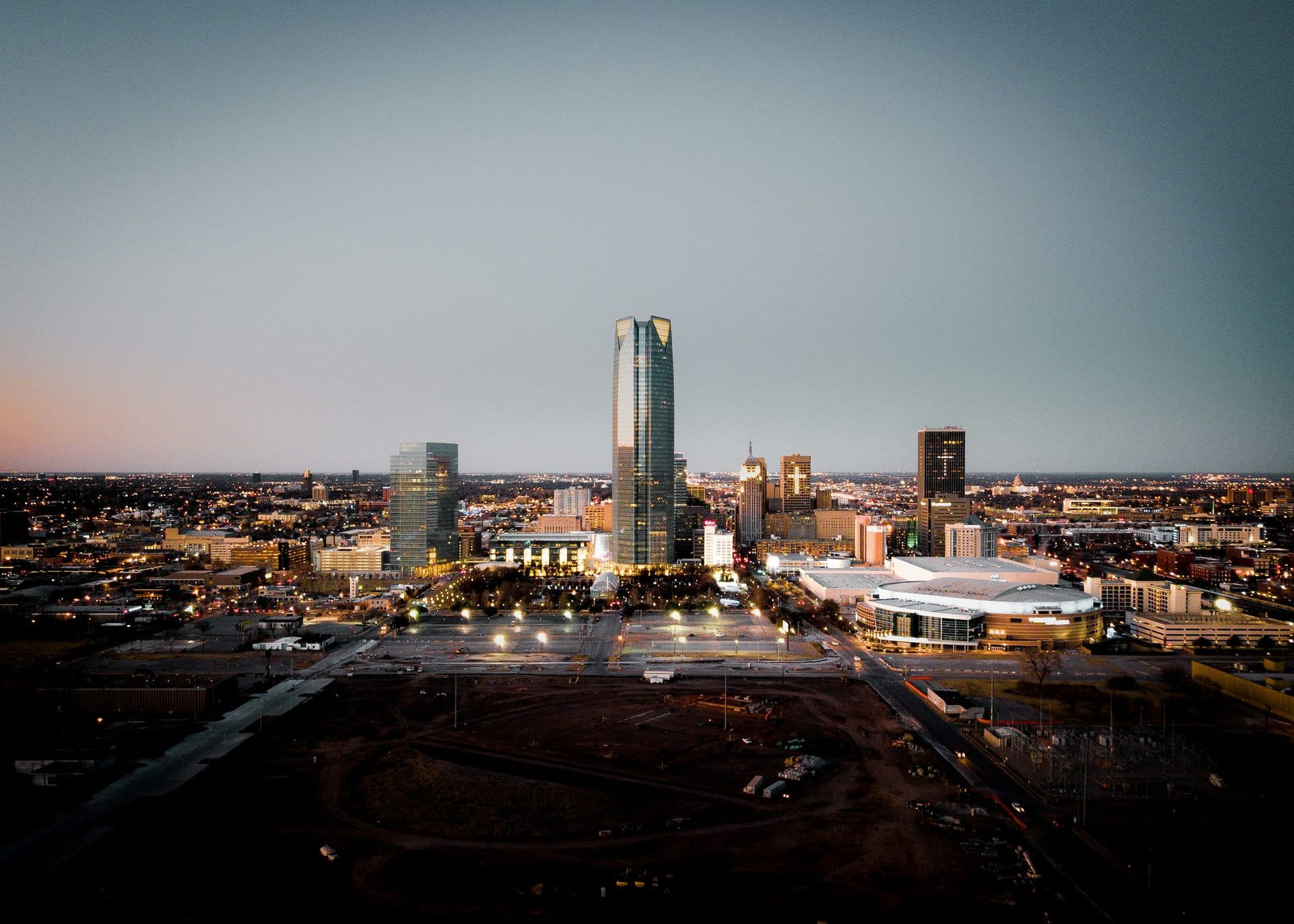 Aerial view of downtown Oklahoma City at dusk with the Devon Tower, Oklahoma