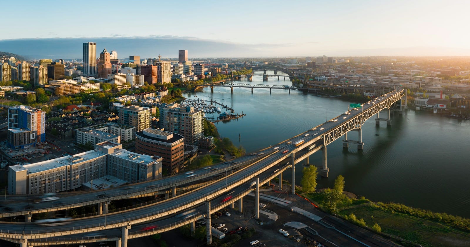 Aerial view of the Marquam Bridge and downtown Portland at sunrise, Oregon