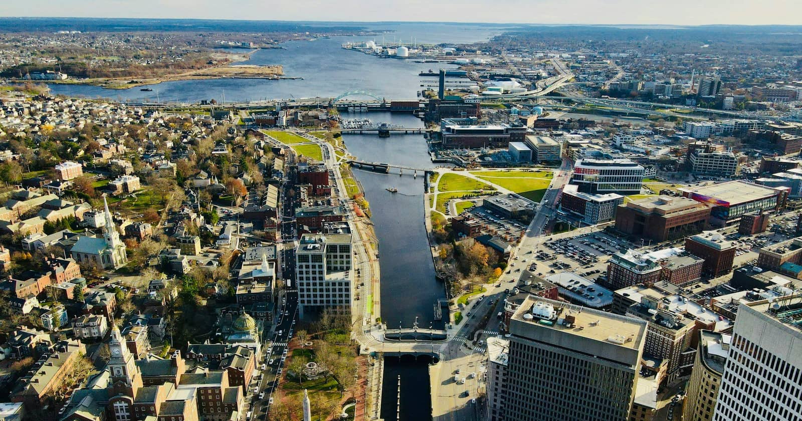Aerial view of the Providence River through downtown Providence, Rhode Island