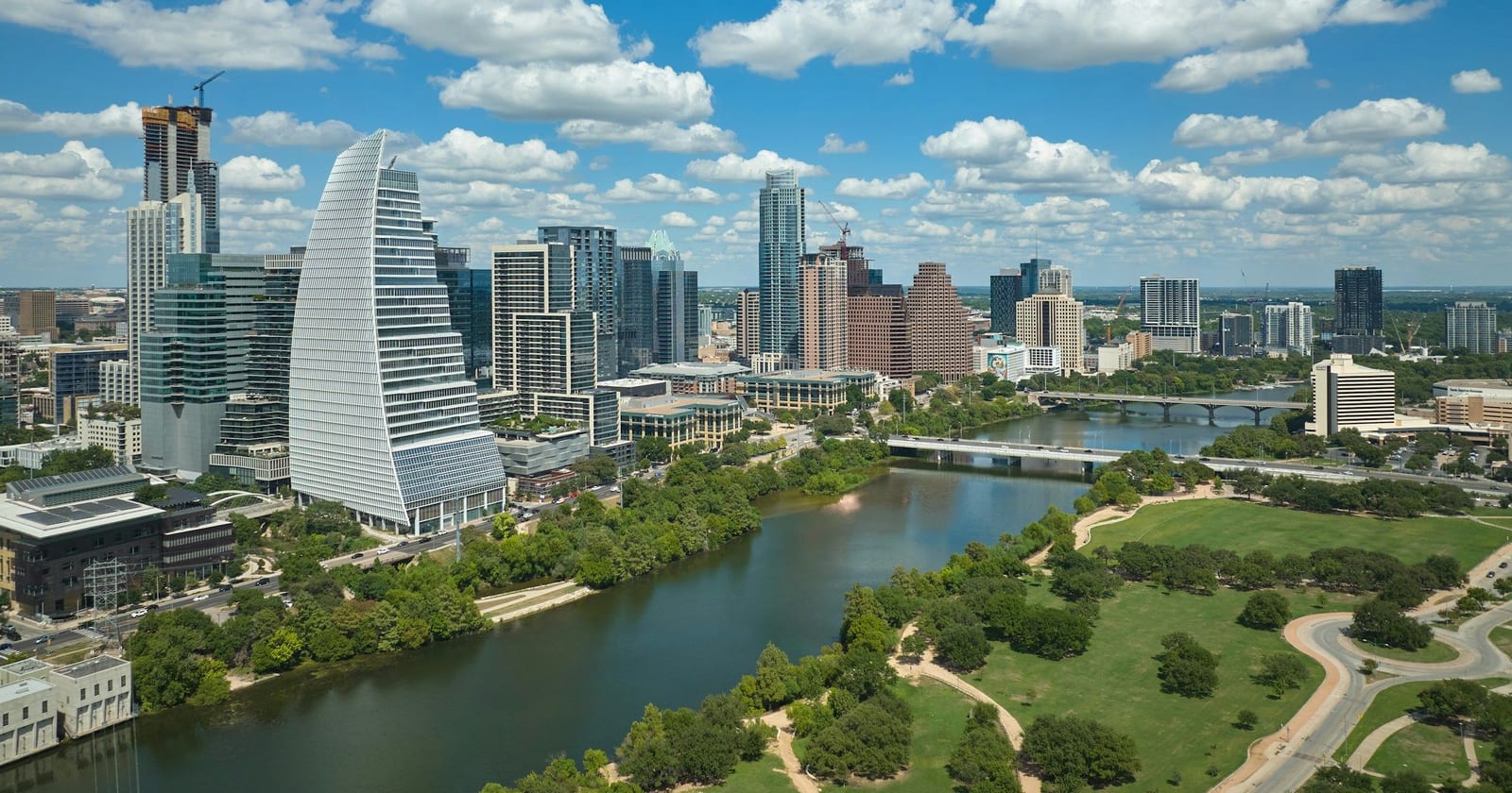 Aerial view of downtown Austin towers on Lady Bird Lake, Texas