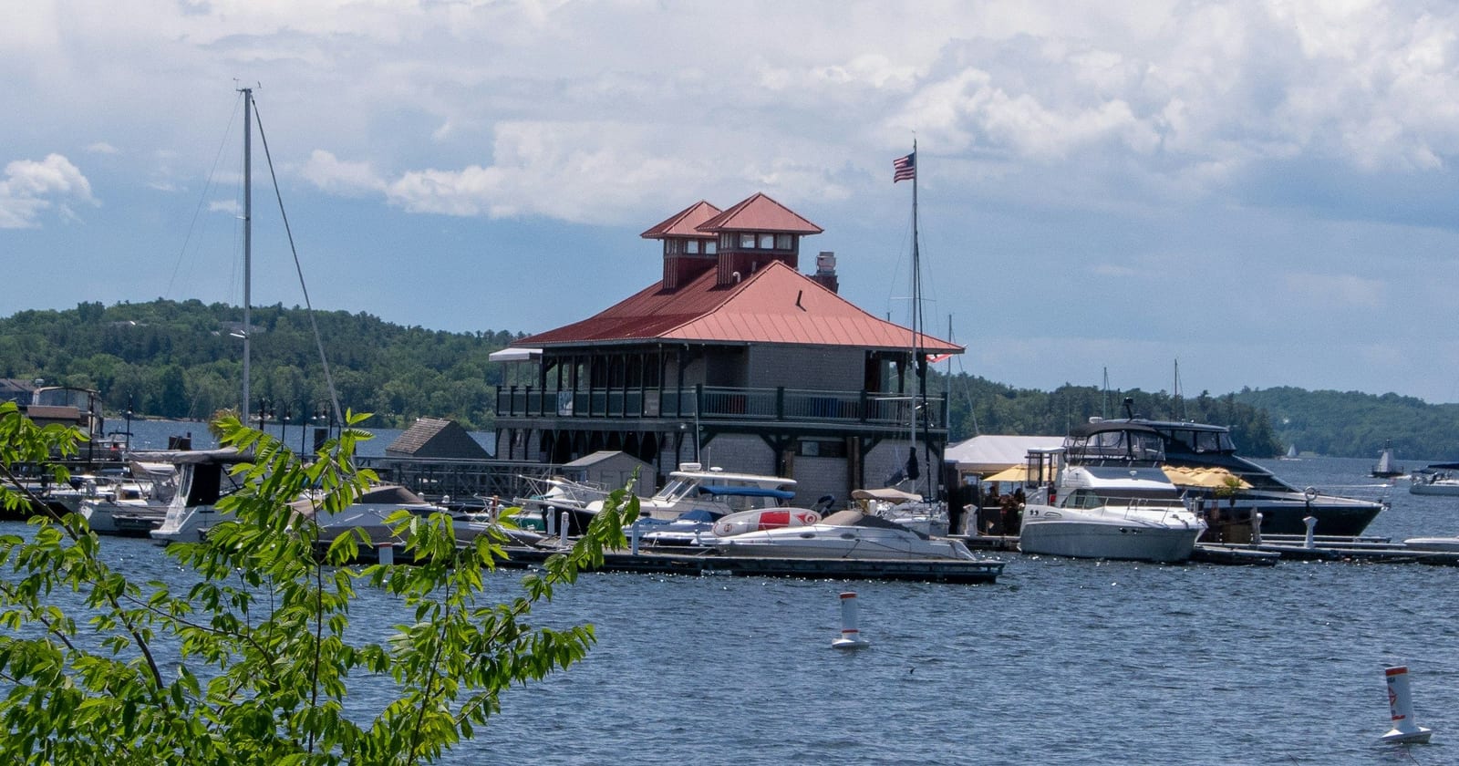 Community boathouse and moored boats on Lake Champlain, Burlington, Vermont