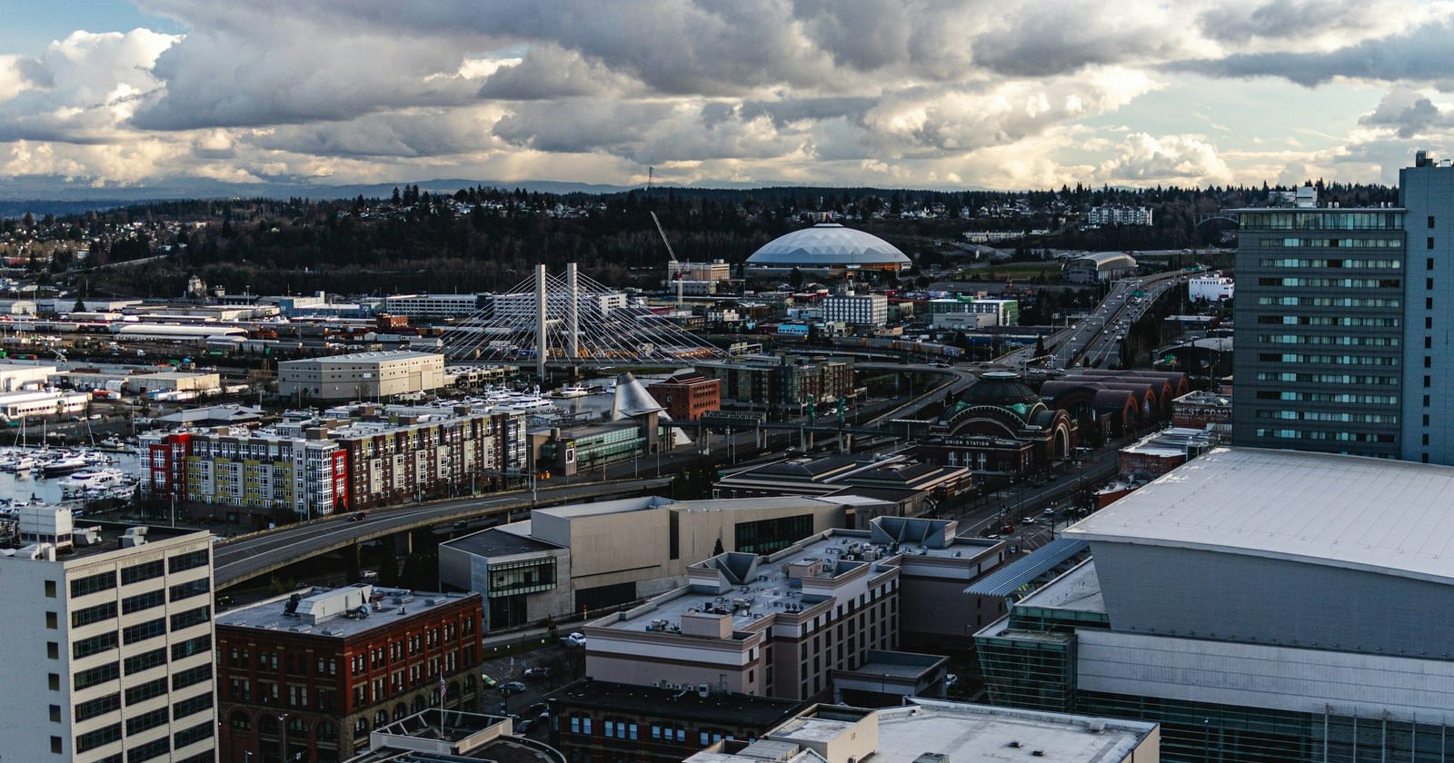 Aerial view of downtown Tacoma and the Tacoma Dome, Washington