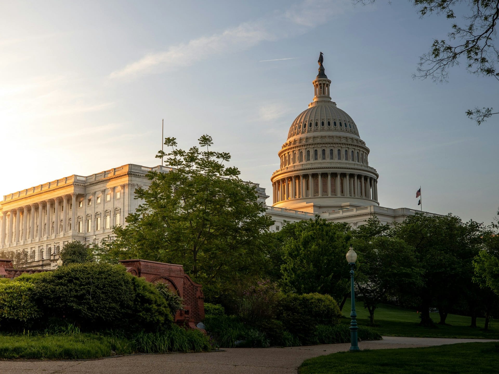 U.S. Capitol at sunrise, seen through trees on the Capitol grounds, Washington, D.C.